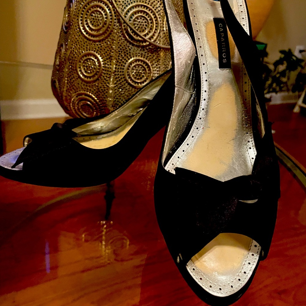 Black satin 3 in sling back /after-5. Size 11 B, by Caparros, slightly used.